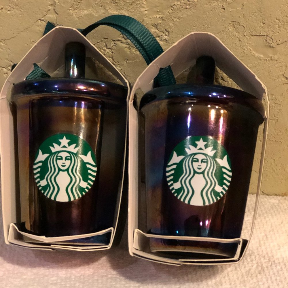 Starbucks Iridescent Oil Slick Cold Cup Holiday Christmas Ornament -Set of 2 NWT